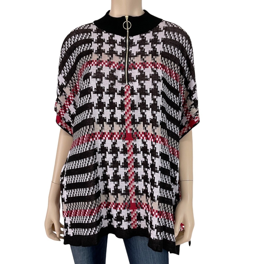 Joseph A Sweater Women Small Black Short Sleeve Houndstooth Plaid 1/4 Zip NWT